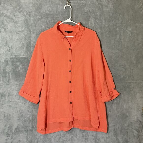 John Mark Top XL Orange Peach Wire Collar Boho Buttons Roll Tab Sleeve Lagenlook - Picture 1 of 7